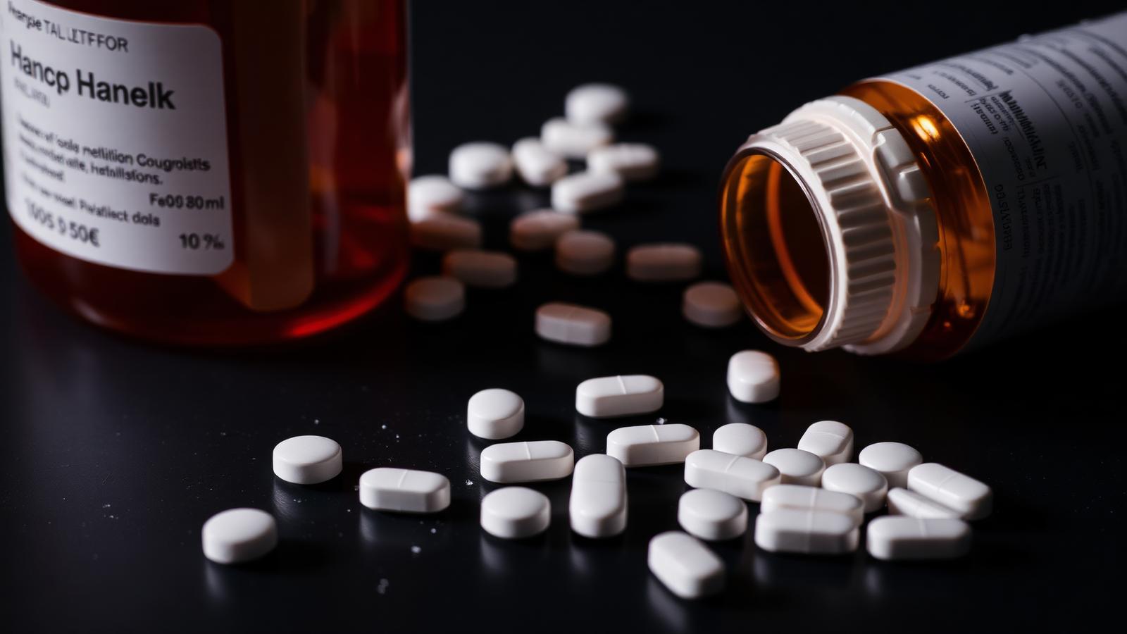 White sugar pills scattered on a dark clinical surface beside an amber prescription bottle.