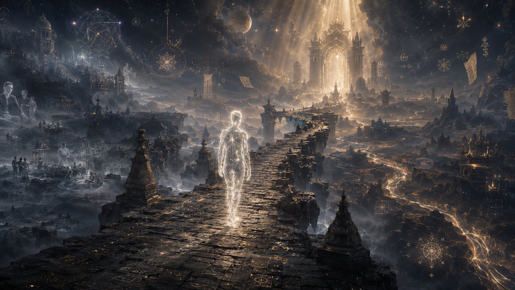 A translucent subtle body separating from a physical corpse, drifting upward across harsh frozen mountains and burning deserts.