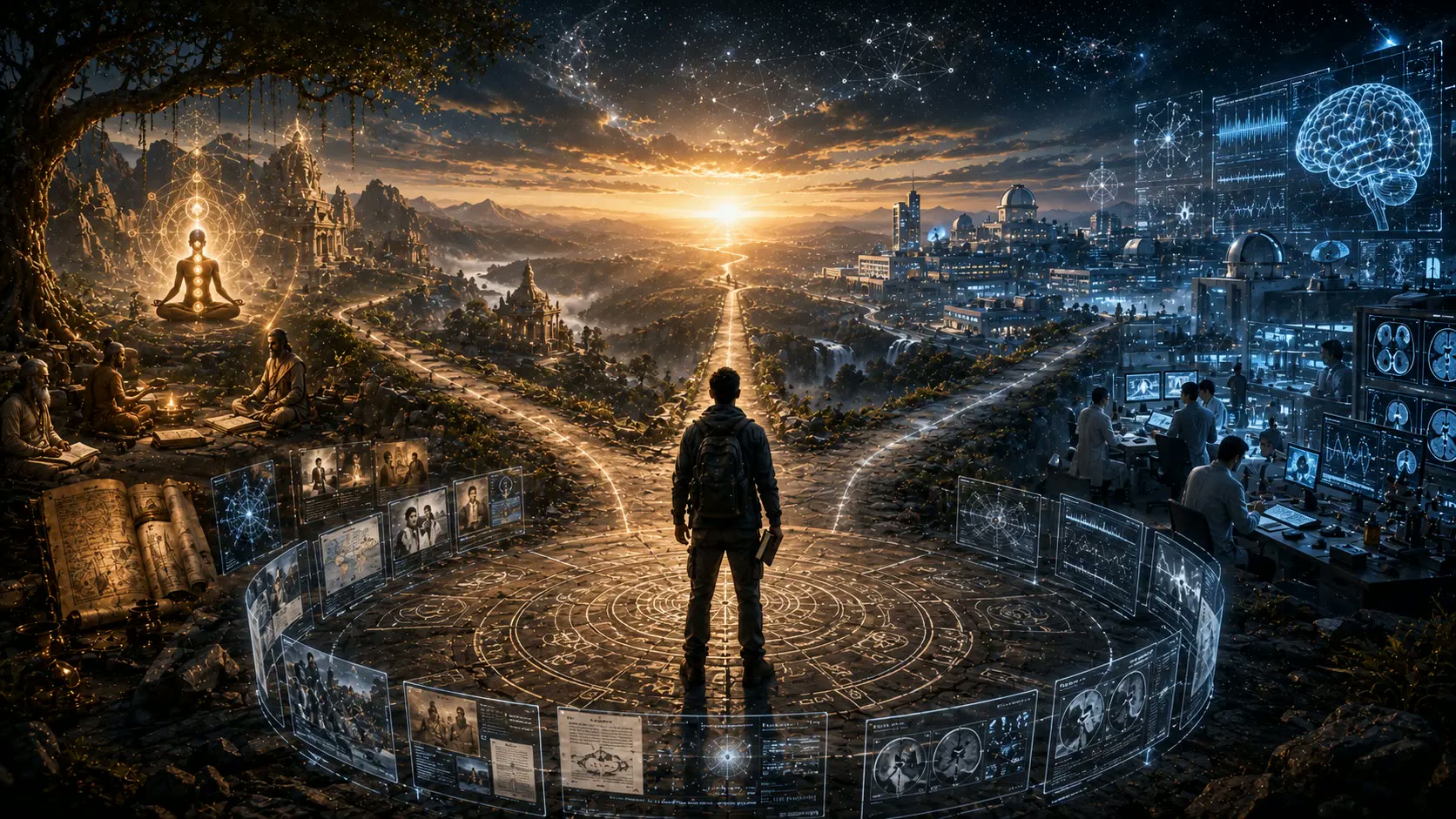 A lone investigator facing a luminous horizon that suggests both afterlife symbolism and scientific observation.