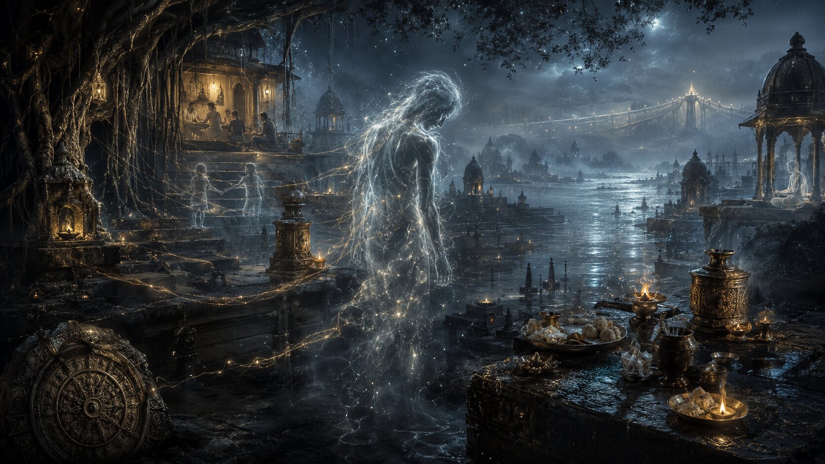 Gaunt skeletal Preta spirits with swollen bellies and tiny mouths hovering desperately around a feast.