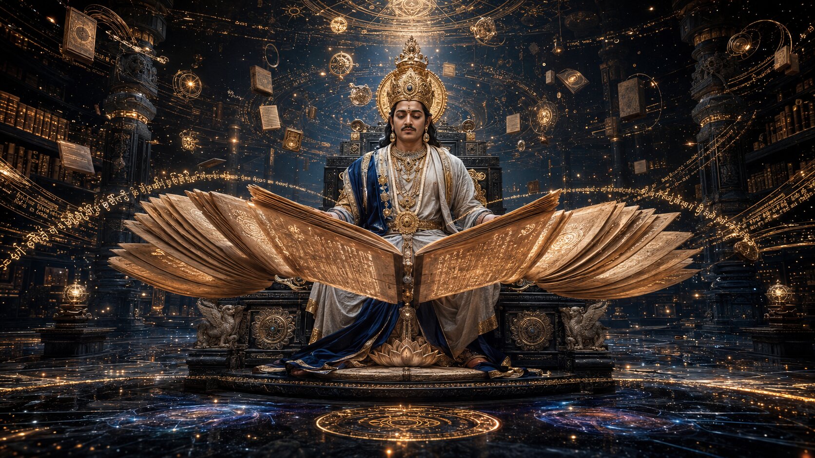 Chitragupta the divine scribe writing in a colossal glowing ledger surrounded by streams of Akashic light.