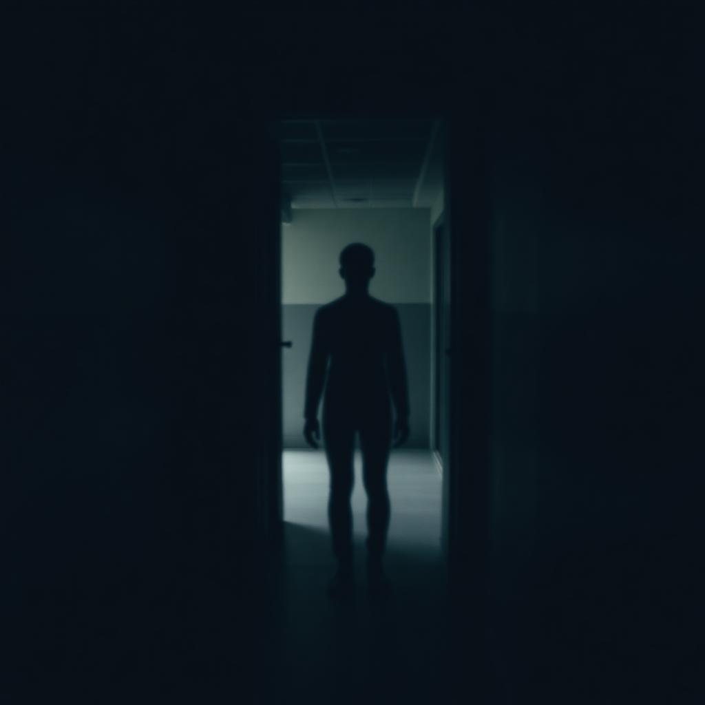 A translucent shadow figure standing in a doorway at the end of a dim corridor.