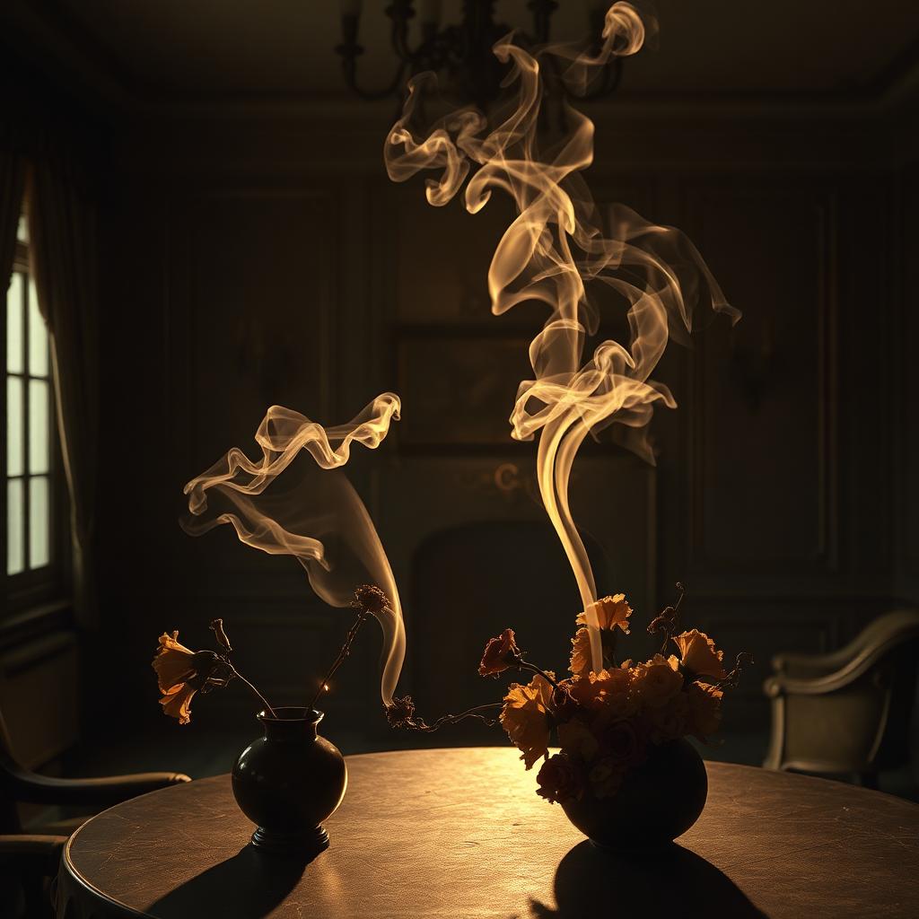 Wisps of perfume and cigar smoke curling in an empty Victorian room with withered flowers.