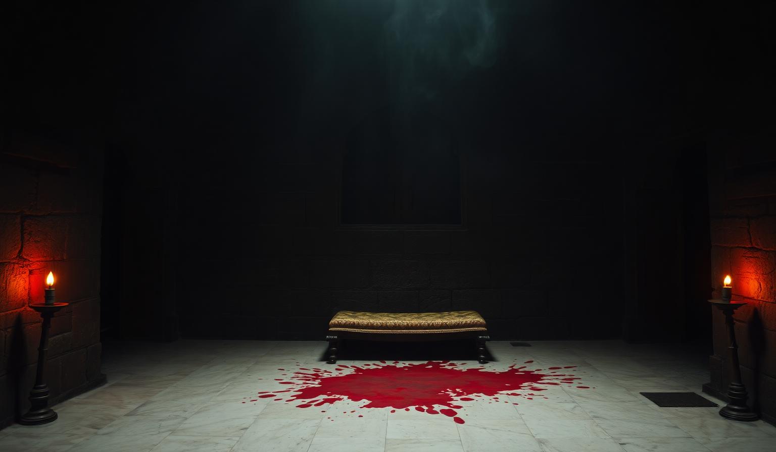 An empty Peshwa seat inside Shaniwar Wada with a faint bloodstain on the marble floor.