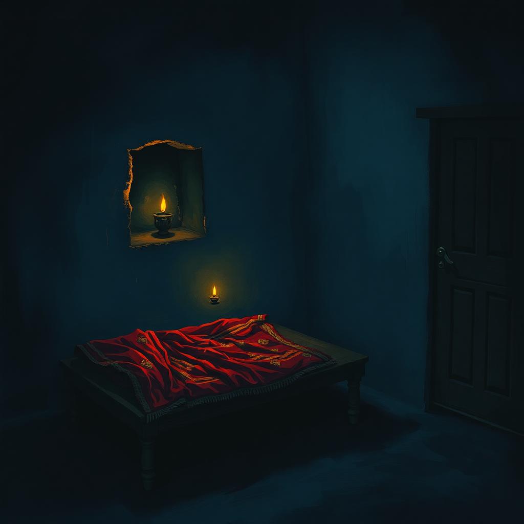 Interior of a rural Bihar marital home at night, a low charpoy bed with a red bridal dupatta folded on it, a single oil lamp on a niche, a closed wooden door.