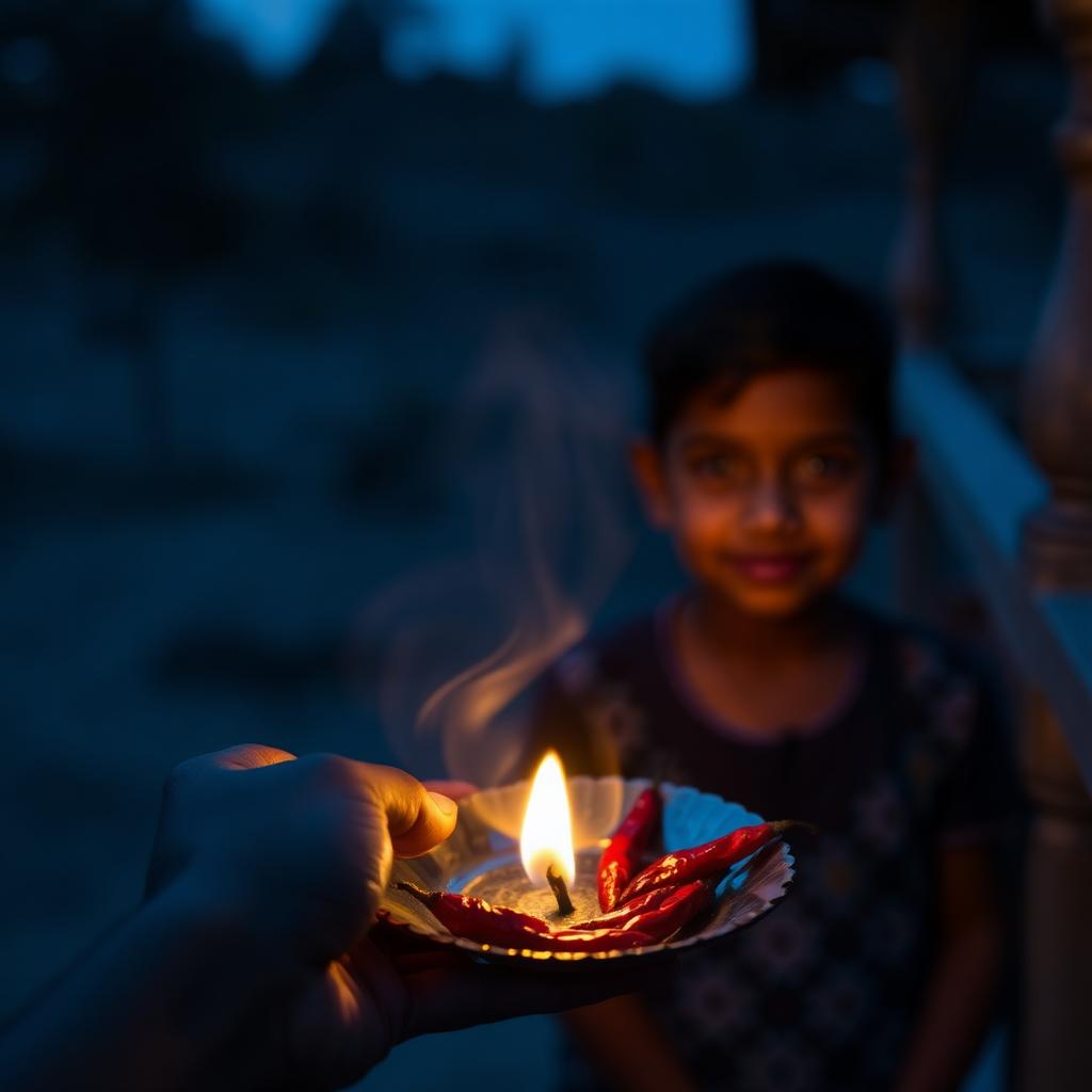 A woman's hand circling a small plate of burning camphor and red chillies in front of a child's face at dusk on a village veranda, motion blur of the circling plate, warm ember light.