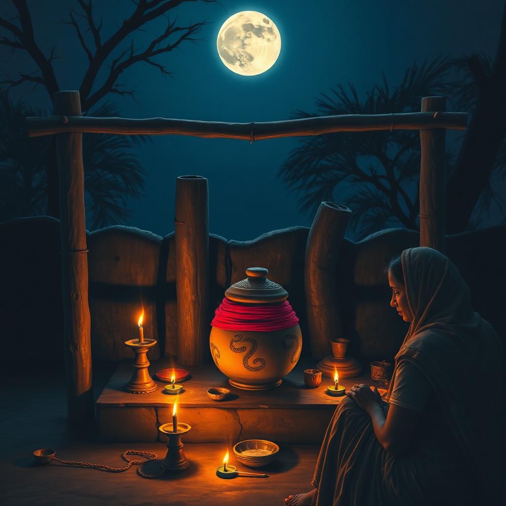 A small Bengal village shrine at night, a Manasa pot wrapped in red cloth at the centre with snake motifs etched into the clay, oil lamps flickering, a woman seated in prayer.