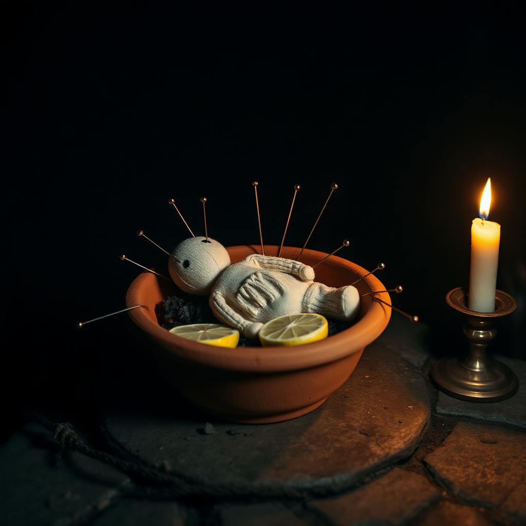 A small handmade cloth doll stuck with iron pins lying inside a clay bowl with ash and lemon halves, on a stone slab at a crossroads at midnight, a single candle nearby.