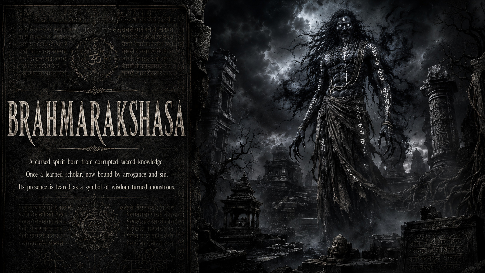 A towering Brahmarakshasa draped in tattered sacred threads above an ancient temple at night.